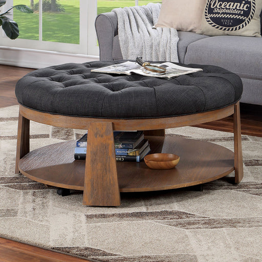 Camden Natural and Dark Gray Tufted Ottoman with Open Shelf Glass House Furnishings