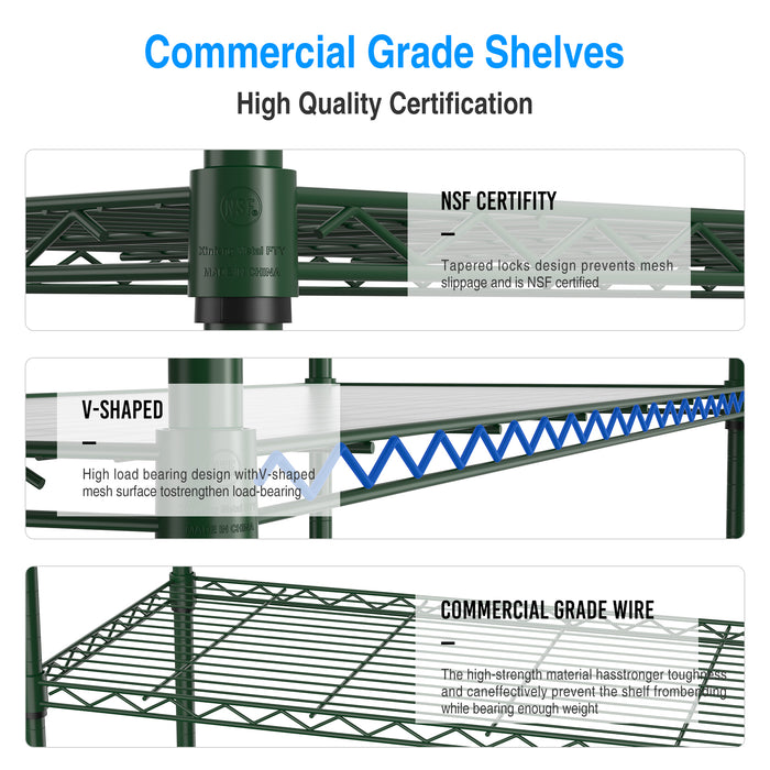 7 Tier Wire Shelving Unit, 2450 LBS NSF Height Adjustable Metal Garage Storage Shelves with Wheels, Heavy Duty Storage Wire Rack Metal Shelves - Green