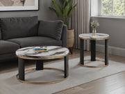 Contemporary Style Triangle 3pc Table Set 1x Coffee Table 2x End Table Marble Top Gold Ring Wooden Legs Primary Living Room Glass House Furnishings