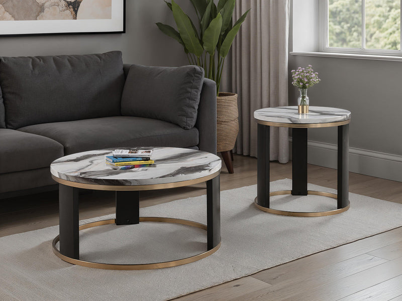 Contemporary Style Triangle 3pc Table Set 1x Coffee Table 2x End Table Marble Top Gold Ring Wooden Legs Primary Living Room Glass House Furnishings