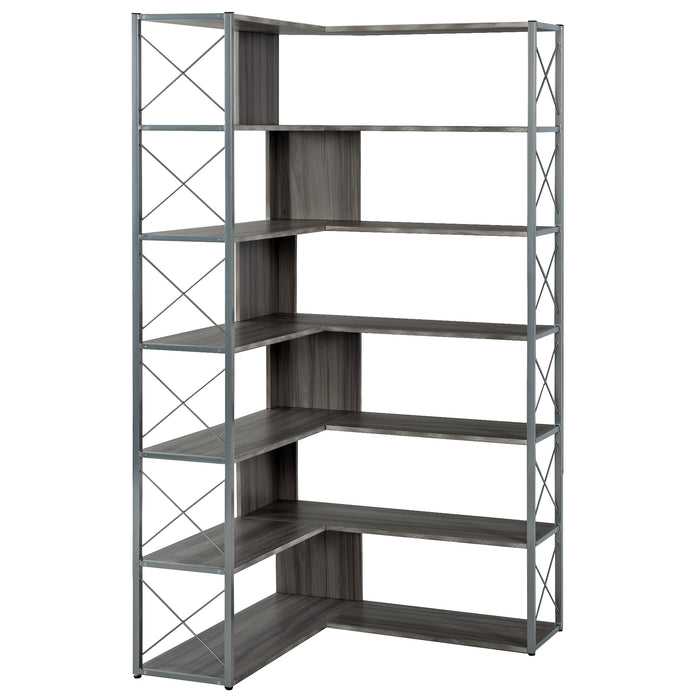 7-Tier L-Shaped Corner Bookcase, Industrial Style with Metal Frame and Open Storage Shelves, Perfect for Home Office - MDF Board, Silver + Grey