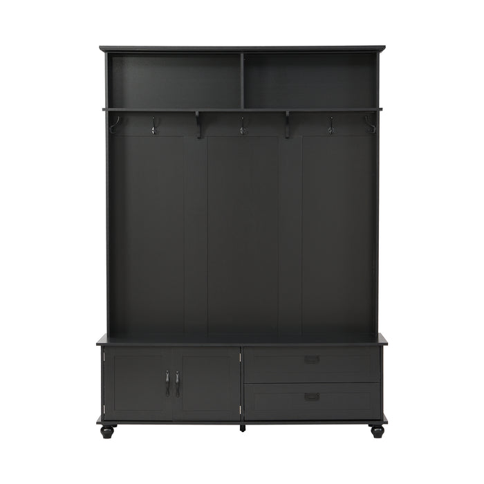 ON-TREND Modern Style Hall Tree with Storage Cabinet and 2 Large Drawers, Widen Mudroom Bench with 5 Coat Hooks, Black