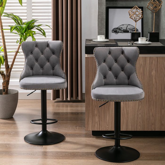 25-33 Inches Adjustable Seat Height Swivel Velvet Barstools, Modern Upholstered Bar Stools With Backs, Comfortable Tufted Design For Home Pub & Kitchen Island, Set of 2, Gray