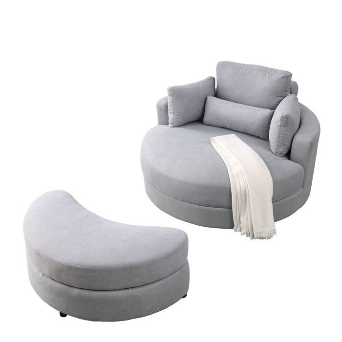 [Video] Welike Swivel Accent Barrel Modern Grey Sofa Lounge Club Big Round Chair with Storage Ottoman Linen Fabric for Living Room Hotel with Pillows