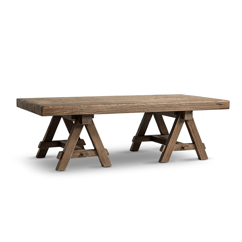 Hawthorne Solid Reclaimed Elm Rectangular Trestle Coffee Table, Heritage Medium-Dark Brown, 48-Inch Glass House Furnishings