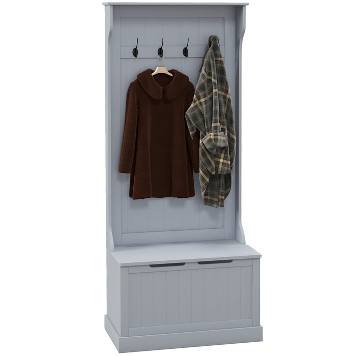 HOMCOM 28" 3-In-1 Entryway Hall Tree with Storage Bench, Coat Rack with Four Hooks and Shoe Storage, Gray