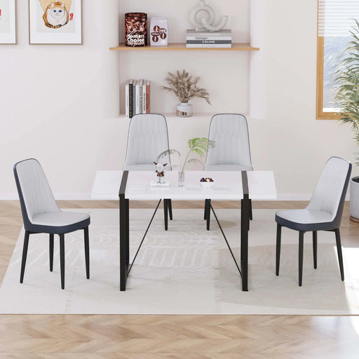 55 '4-person modern MDF dining table set, kitchen black metal leg dining table and chair set, industrial rectangular white tabletop and dining room thick padded PU dining chairs Glass House Furnishings