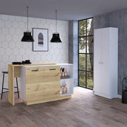 White and Light Oak 4-Door 2-piece Kitchen Set, Kitchen Island and Pantry Cabinet Glass House Furnishings