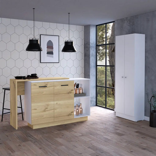 White and Light Oak 4-Door 2-piece Kitchen Set, Kitchen Island and Pantry Cabinet Glass House Furnishings