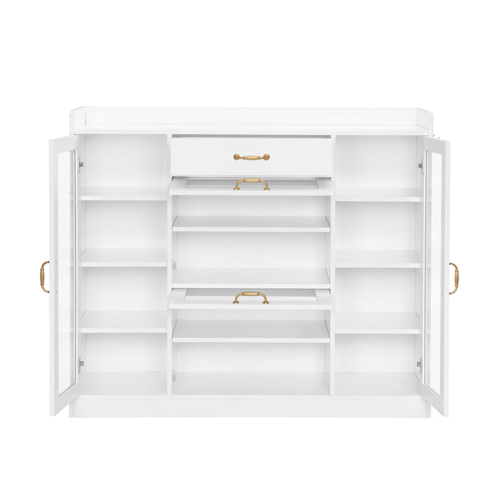 ON-TREND Modernist Side Cabinet with 4 Glass Doors & 3 Hooks, Freestanding Shoe Rack with Multiple Adjustable Shelves, Versatile Display Cabinet with Gold Handles for Hallway, Living Room, White