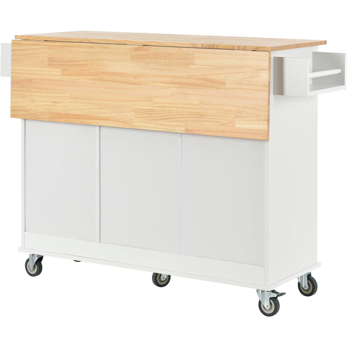 Rolling Mobile Kitchen Island with Solid Wood Top and Locking Wheels, 52.7 Inch Width, Storage Cabinet and Drop Leaf Breakfast Bar, Spice Rack, Towel Rack & Drawer, White