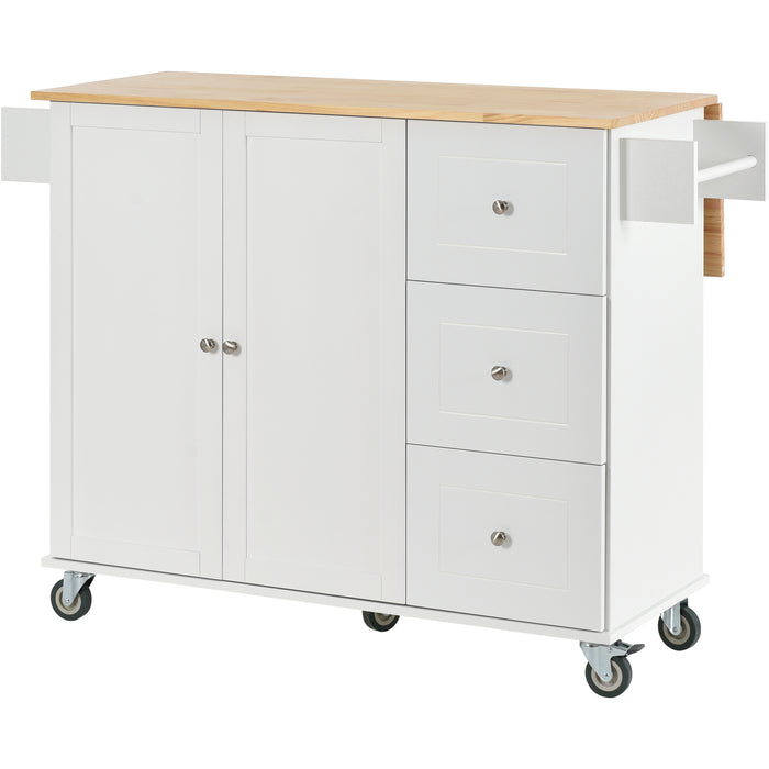 Rolling Mobile Kitchen Island with Solid Wood Top and Locking Wheels, 52.7 Inch Width, Storage Cabinet and Drop Leaf Breakfast Bar, Spice Rack, Towel Rack & Drawer, White