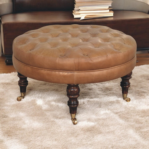 Sterling Round Brown Buffalo Leather Ottoman with Castor Legs Glass House Furnishings