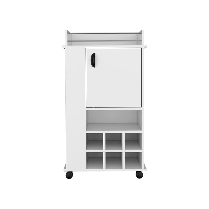 Bar Cart With Casters Reese, Six Wine Cubbies & Single Door, White