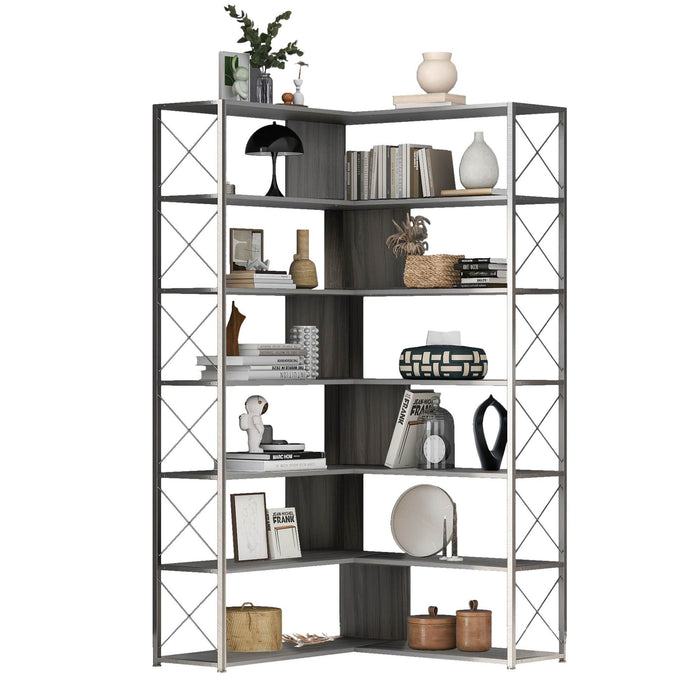 7-Tier L-Shaped Corner Bookcase, Industrial Style with Metal Frame and Open Storage Shelves, Perfect for Home Office - MDF Board, Silver + Grey