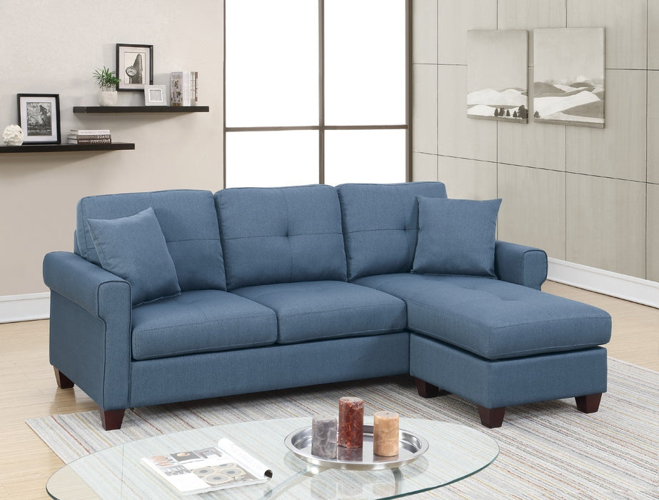 Blue Glossy Polyfiber Tufted Cushion Sectional Sofa With Reversible Chaise, Living Room Furniture