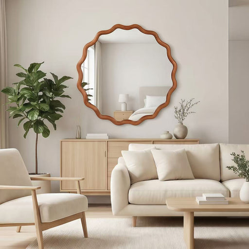 Monroe Yellow-Brown Wavy Round Wall Mirror | Glass House Furnishings
