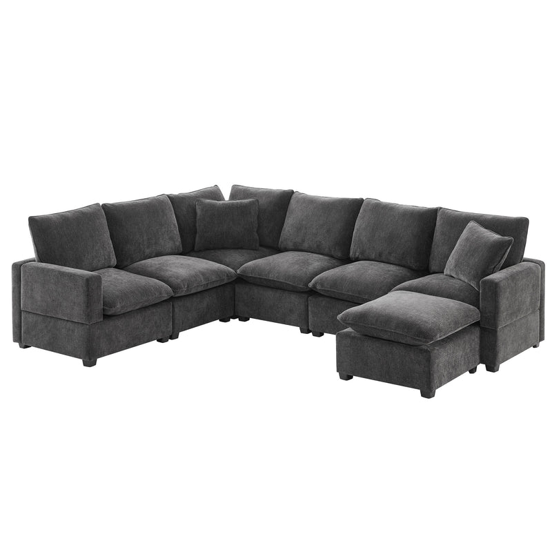 Modern U Shape Modular Sofa, 7 Seat Chenille Sectional Couch Set with 2 Pillows, Freely Combinable Indoor Furniture, 2 Colors