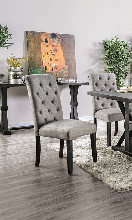 Set of 2 Classic Antique Black/Light Gray Side Chairs, Button Tufted Linen-Like Fabric, Solid Wood, Upholstered Scroll Back - Rustic Dining Room Furniture