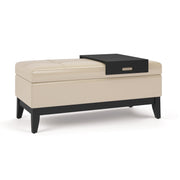 Oregon 42 inch Wide Storage Ottoman Bench in Satin Cream Vegan Leather with Removable Tray Glass House Furnishings