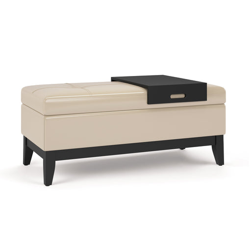 Oregon 42 inch Wide Storage Ottoman Bench in Satin Cream Vegan Leather with Removable Tray Glass House Furnishings