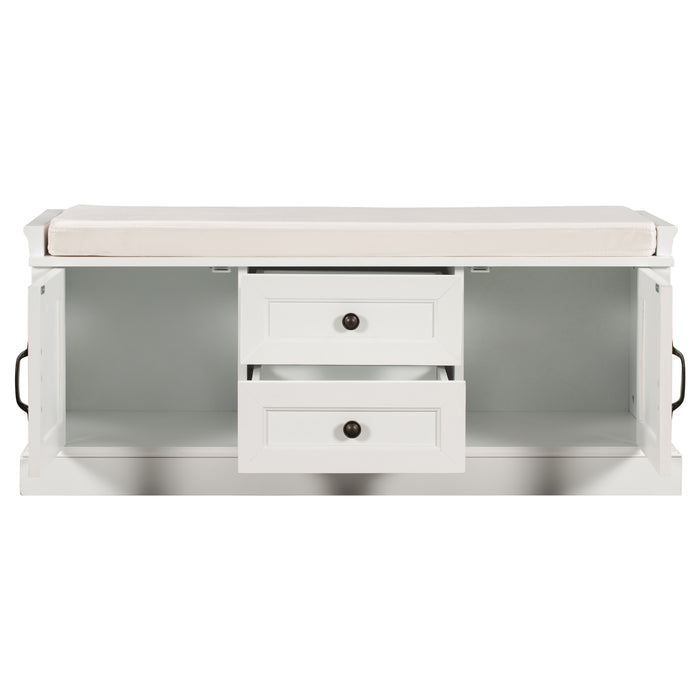 TREXM Storage Bench with 2 Drawers and 2 Cabinets, Shoe Bench with Removable Cushion for Living Room, Entryway (White)