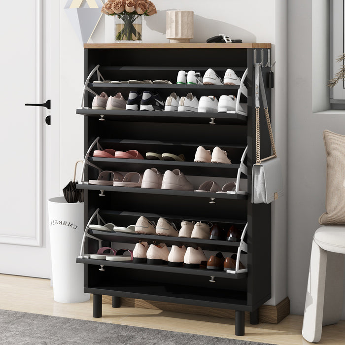 ON-TREND Narrow Design Shoe Cabinet with 3 Flip Drawers, Wood Grain Pattern Top Entryway Organizer with 3 Hooks, Free Standing Shoe Rack with Adjustable Panel for Hallway, Black