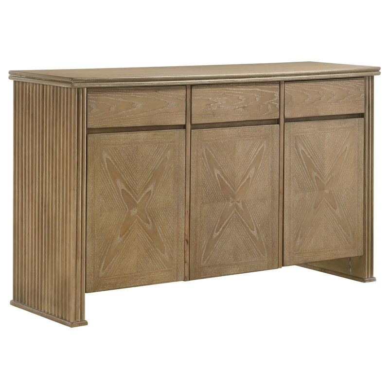 Dreydon Light Brown 3-Door Sideboard Server with Distressed Finish, Wood Construction, 59-inch Wide Storage Cabinet Glass House Furnishings
