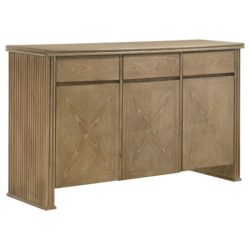 Dreydon Light Brown 3-Door Sideboard Server with Distressed Finish, Wood Construction, 59-inch Wide Storage Cabinet Glass House Furnishings