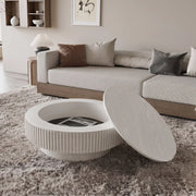 31.5'' Round Coffee Table with Storage Solid Wood Veneered Modern Coffee Table Accent Tea Table for Living Room, Bedroom, Apartment or Office, Retro White Glass House Furnishings