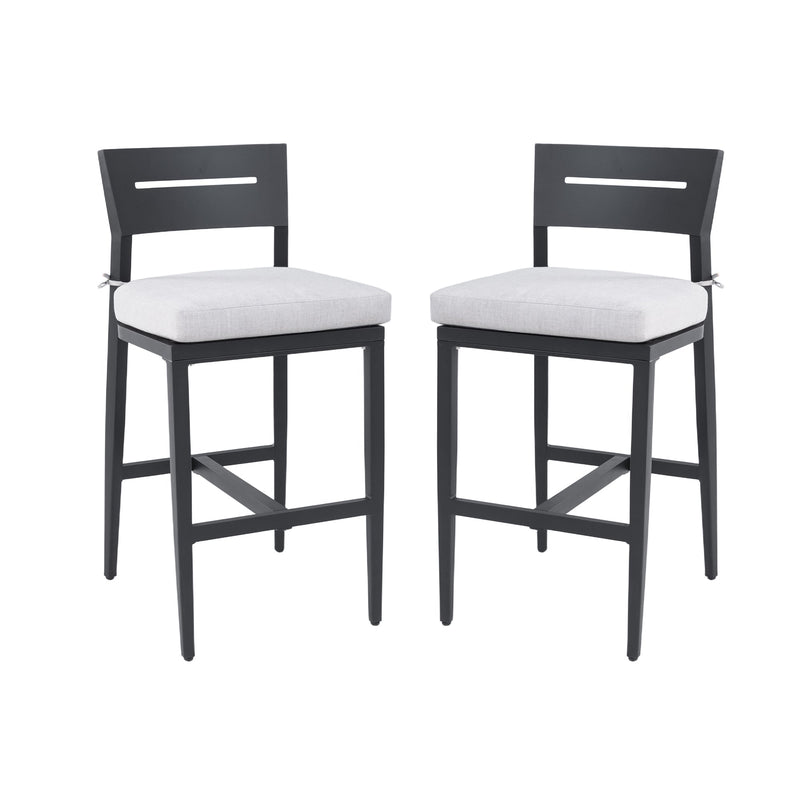 Modern Outdoor Bar Stools Set of 2, Aluminum Patio Chairs with Backrest and Footrest, Weather-Resistant, Ember Black, Sunbrella Cushions Glass House Furnishings