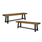 Cloud Outdoor Bench with Acacia Wood Frame and Slat Panel Design, Set of 2,Sandblast Teak Finish and Black Glass House Furnishings
