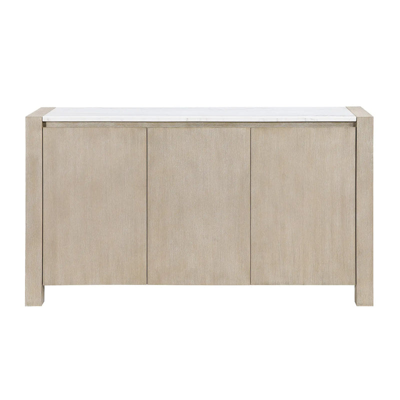Vanilla Farmhouse Storage Buffet with Marble Top in Beige and Light Natural, Solid Wood and MDF Construction, 65.75 x 18 x 36 inches Glass House Furnishings