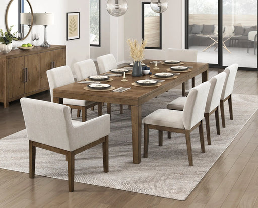Brown Finish 9pc Dining Set Large Table and Upholstered Chairs Self-Storing Extension Leaf Sturdy Frame Wooden Furniture Glass House Furnishings