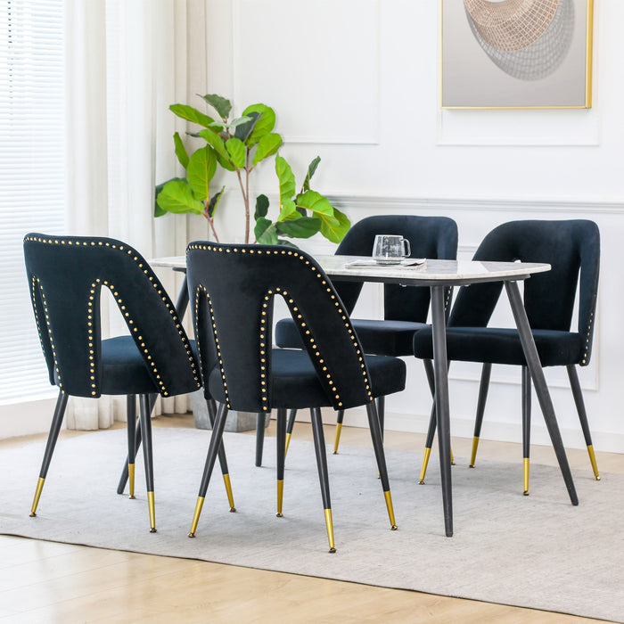 Set of 2 Modern Velvet Upholstered Dining Chairs With Nailheads & Gold Tipped Black Metal Legs, Black