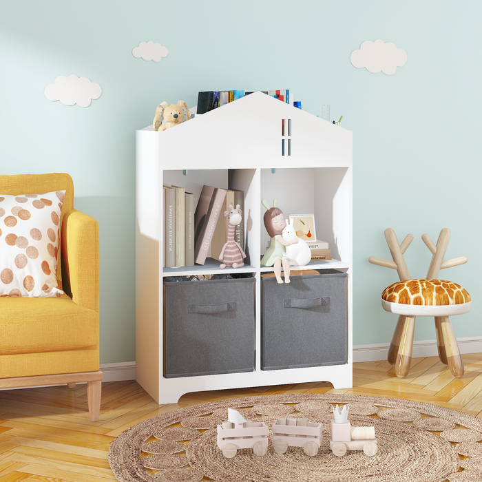 Kids Dollhouse Bookcase with Storage, 2-Tier Storage Display Organizer, Toddler Bookshelf with 2 Collapsible Fabric Drawers for Bedroom or Playroom (White/Gray)