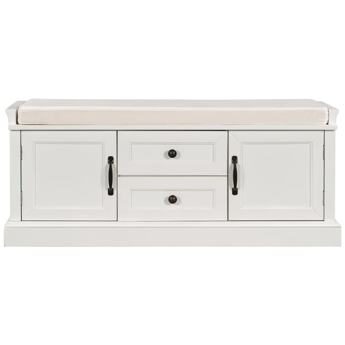 TREXM Storage Bench with 2 Drawers and 2 Cabinets, Shoe Bench with Removable Cushion for Living Room, Entryway (White)