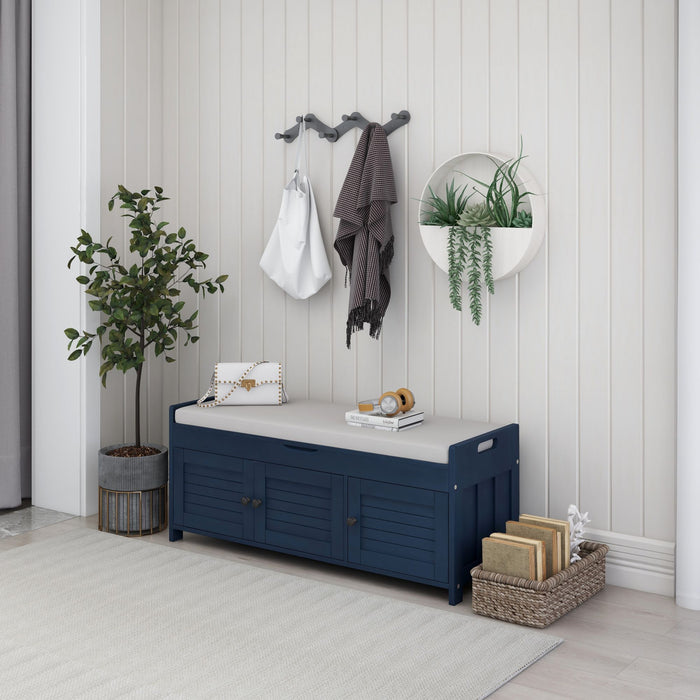 TREXM Storage Bench with 3 Shutter-shaped Doors, Shoe Bench with Removable Cushion and Hidden Storage Space (Antique Navy, OLD SKU: WF284226AAM)