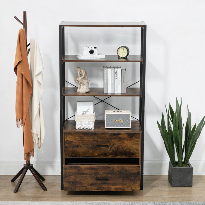 Industrial Bookcase with File Cabinet Drawers, 62.7 in Tall Bookshelf 4 Tier, Freestanding Storage Home Office Cabinet Organizer, Rustic Home Decor, Vintage Brown