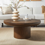 35.98inch Round Coffee Table with Cylindrical Leg,Wood Veneer Tabletop Table,Rounded Sofa Side Table for living Room Office,Brown Glass House Furnishings