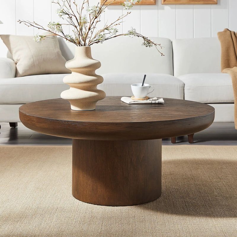 35.98inch Round Coffee Table with Cylindrical Leg,Wood Veneer Tabletop Table,Rounded Sofa Side Table for living Room Office,Brown Glass House Furnishings