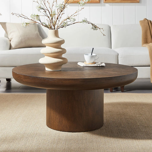 35.98inch Round Coffee Table with Cylindrical Leg,Wood Veneer Tabletop Table,Rounded Sofa Side Table for living Room Office,Brown Glass House Furnishings