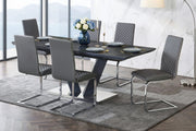 Modern Luxury Black Finish Dining Set 7pc Extendable Table with 6 Side Chairs Gray Faux Leather Upholstery V-shaped Chrome Base Furniture Glass House Furnishings