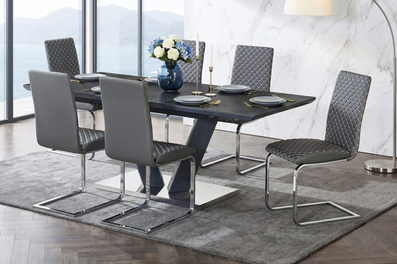 Modern Luxury Black Finish Dining Set 7pc Extendable Table with 6 Side Chairs Gray Faux Leather Upholstery V-shaped Chrome Base Furniture Glass House Furnishings