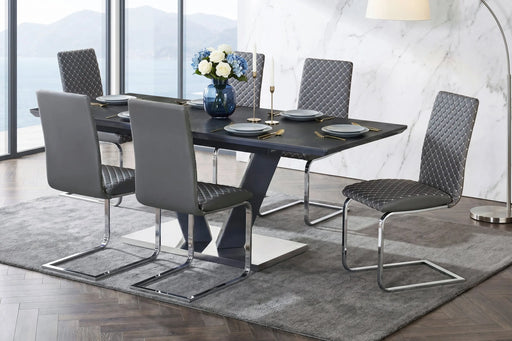 Modern Luxury Black Finish Dining Set 7pc Extendable Table with 6 Side Chairs Gray Faux Leather Upholstery V-shaped Chrome Base Furniture Glass House Furnishings