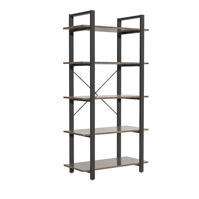 5-Shelf Vintage Industrial Rustic Bookshelf, 5 Tier Wood and Metal Bookcase, Open Etagere Book Shelf, Farmhouse Wooden Bookshelves, Vintage Brown