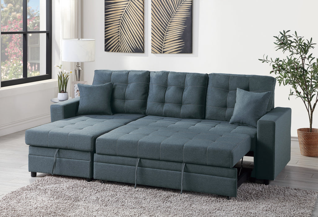 Convertible Sectional Sofa With Pull Out Bed & Reversible Storage Chaise, Polyfiber Tufted Lounge Couch, Blue Grey