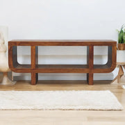 Solid Wood Orion Curved Media Unit, 3 Open Slots, Chestnut, Brown Glass House Furnishings