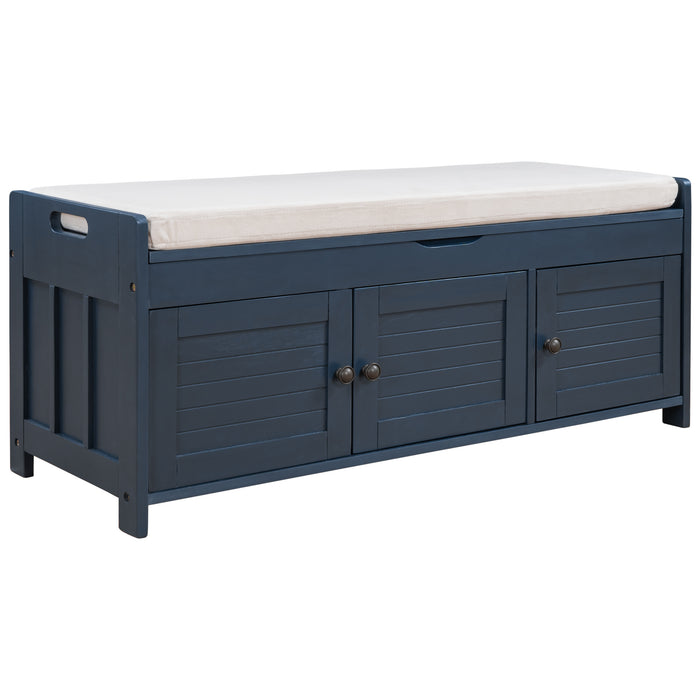 TREXM Storage Bench with 3 Shutter-shaped Doors, Shoe Bench with Removable Cushion and Hidden Storage Space (Antique Navy, OLD SKU: WF284226AAM)