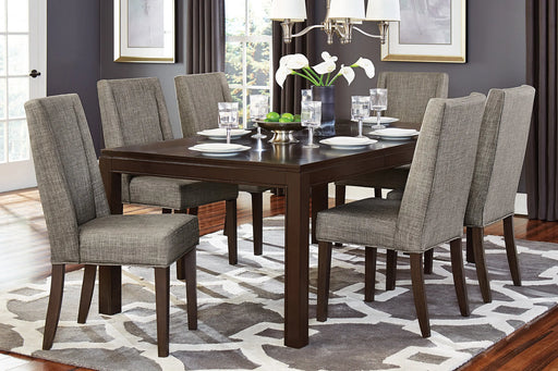 Contemporary Dark Brown 7pc Dining set Table with Extension Leaf and 6x Upholstered Side Chairs Modern Dining Room Furniture Glass House Furnishings